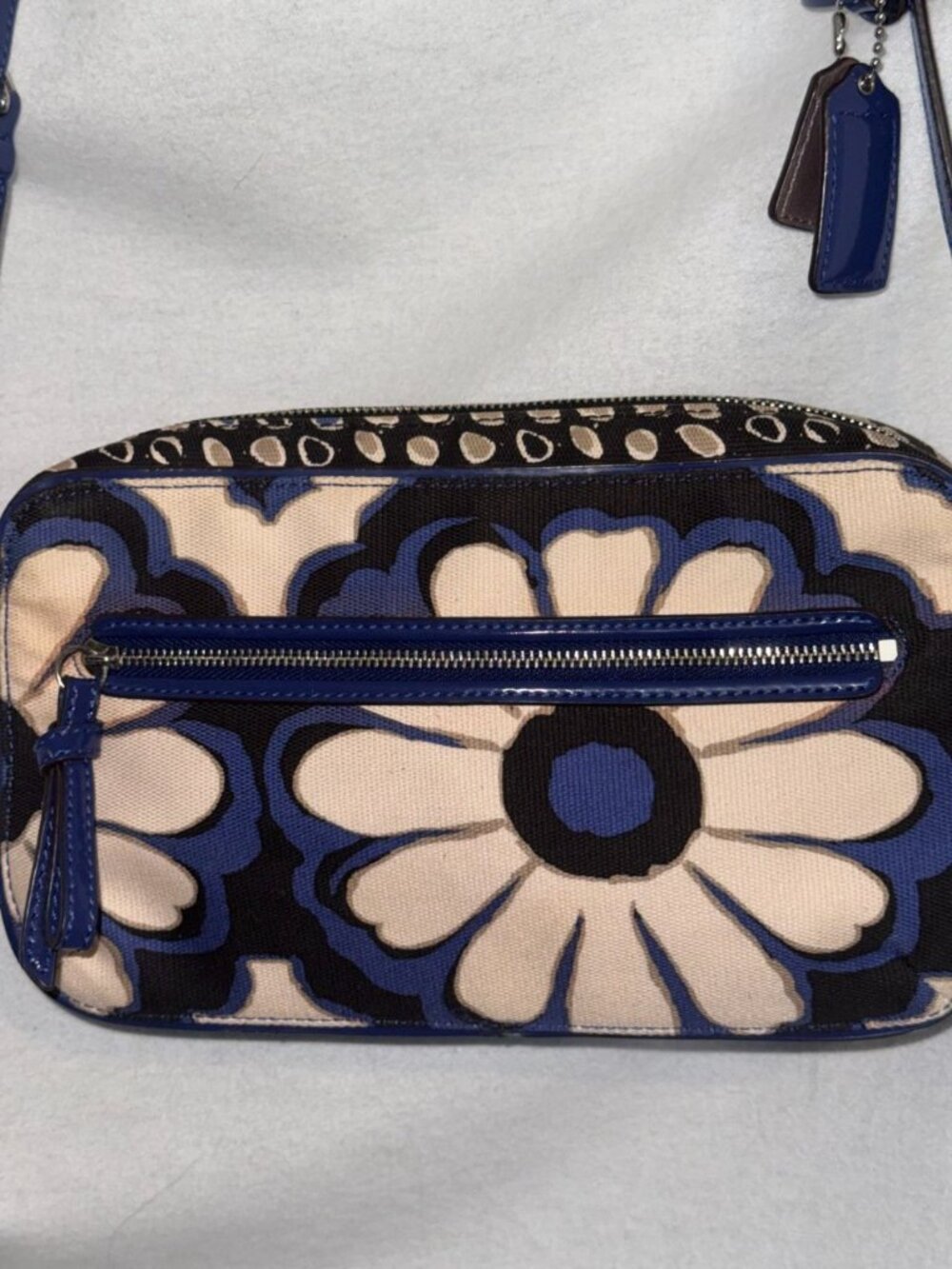 COACH Poppy Blue & Cream Floral Scarf Print Design Flight Bag, Crossbody Small